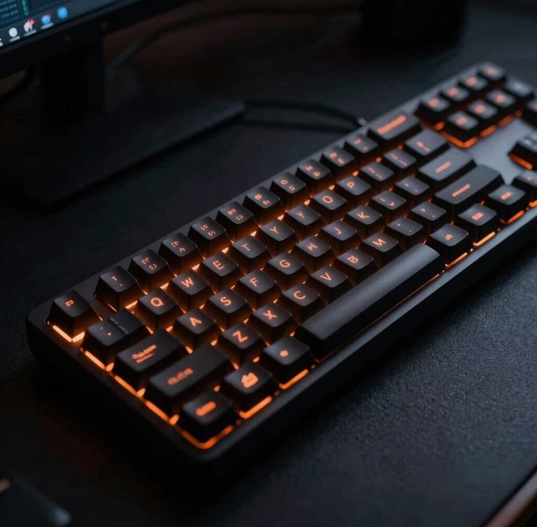 Close-up of a modern developer workspace, mechanical keyboard, glowing orange ambient light, dark editorial technology photography