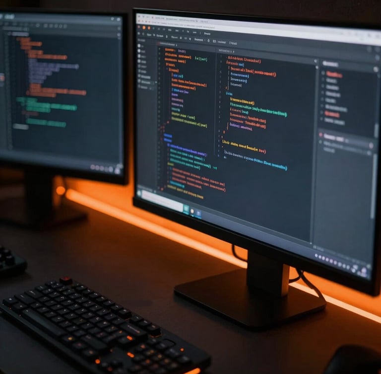 High-end close-up of a modern developer workspace with clean code interfaces on dark screens, dramatic side-lit shadows, kinetic orange neon glow, 35mm