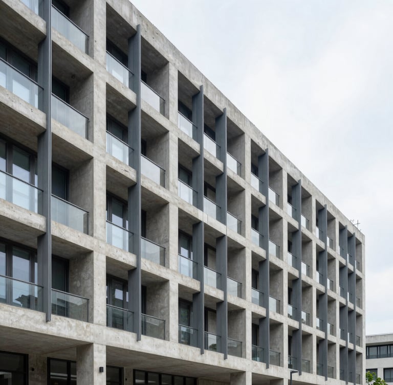 Wide panoramic architectural shot of a modern concrete and steel building facade under bright overcast daylight, sharp focus, 35mm lens