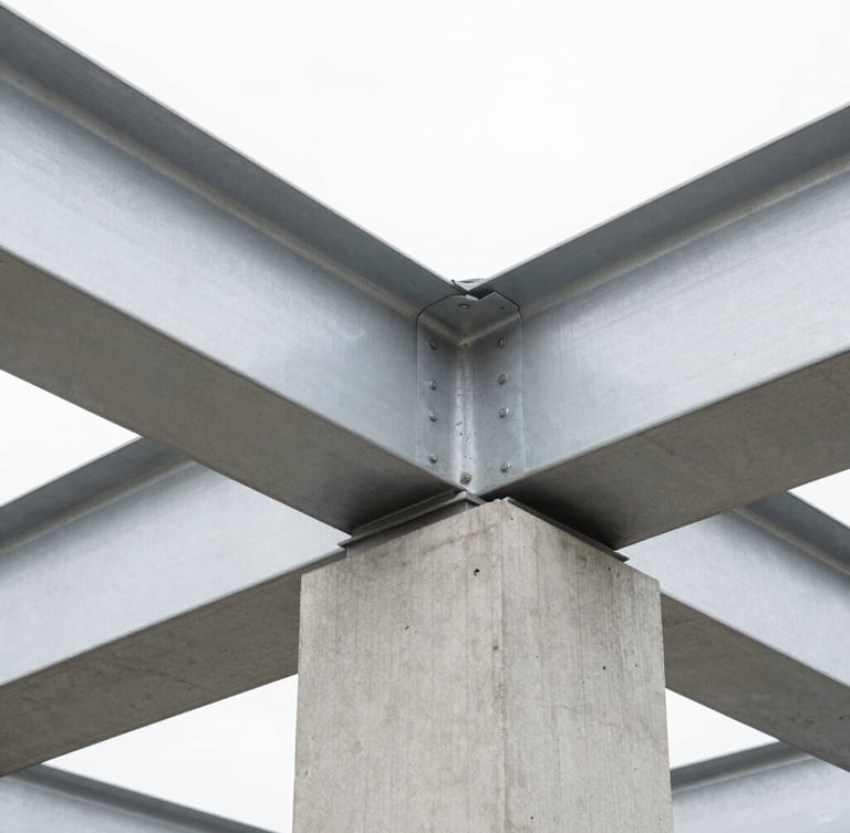 Abstract close-up of high-quality concrete textures and steel beams, bright natural overcast daylight, clean architectural photography