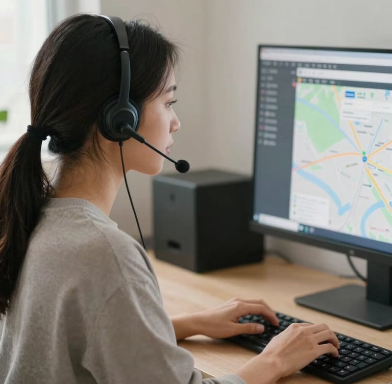 A realistic home office setup, medium close-up of a focused bilingual agent wearing a USB headset, soft natural indoor light, typing on a keyboard with a dispatch map visible on screen.