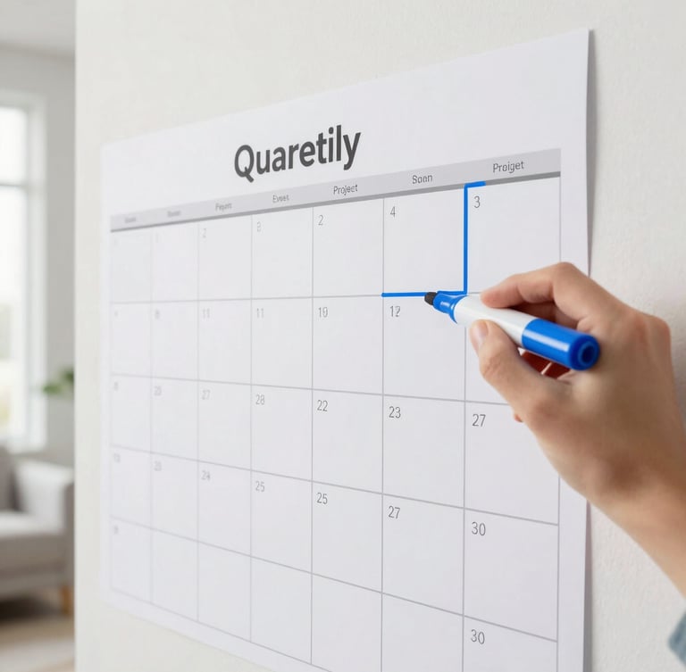 Close-up of a hand using a blue dry-erase marker to outline a quarterly project on a giant laminated wall calendar, clean grid lines, bright natural daylight.