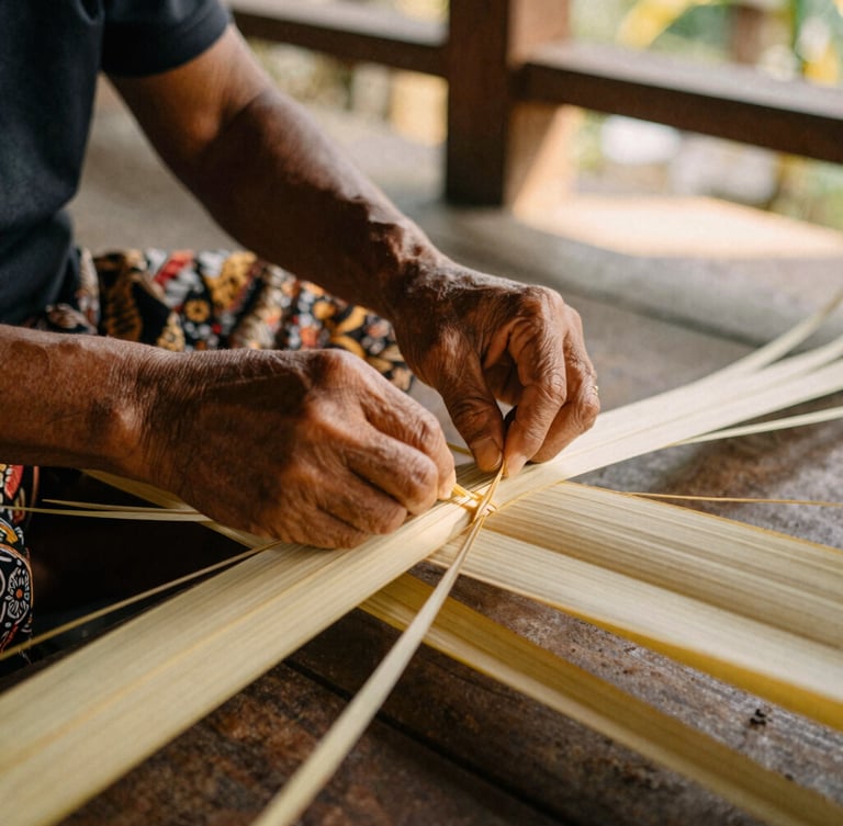 A close-up of local Balinese artisan hands carefully weaving lontar leaves in a sunlit wooden pavilion, warm earthy tones, soft shadows, 35mm lens.