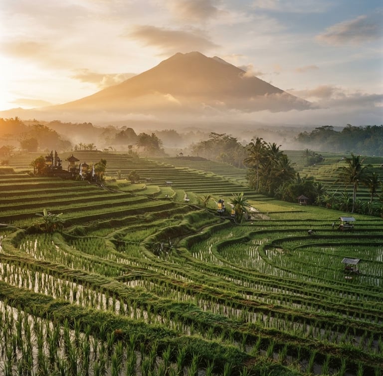Wide environmental landscape of Mount Agung shrouded in soft morning mist, lush green terraced rice paddies in the foreground, warm golden sunlight, 35mm film grain style