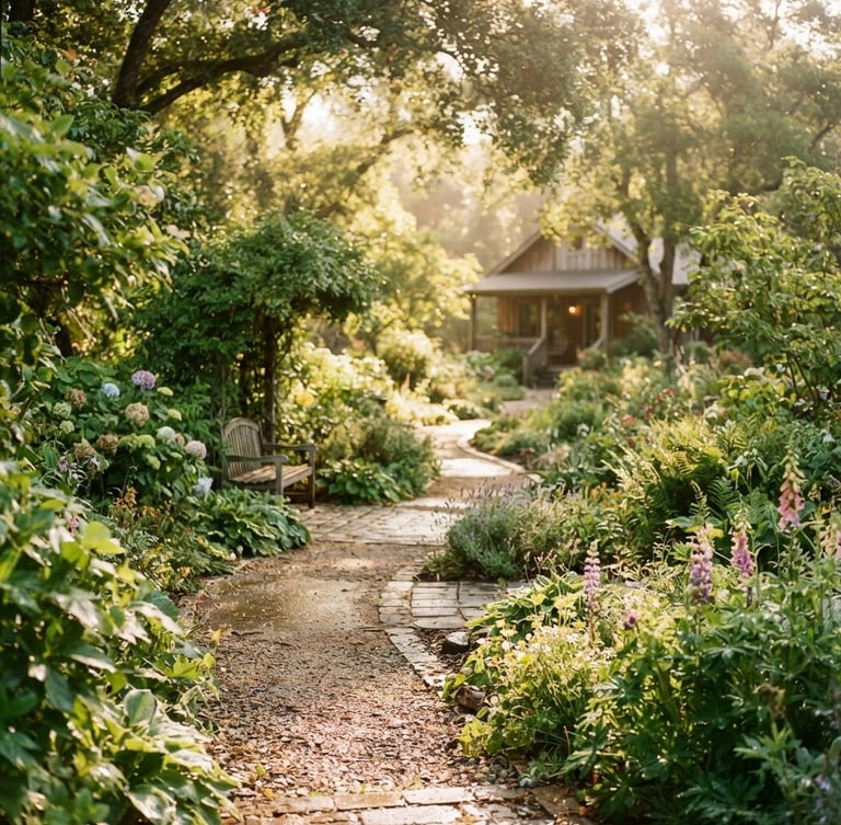 Soft-focus environmental view of a sun-drenched green garden path on a quiet therapy campus, warm morning light, shallow depth of field, 35mm
