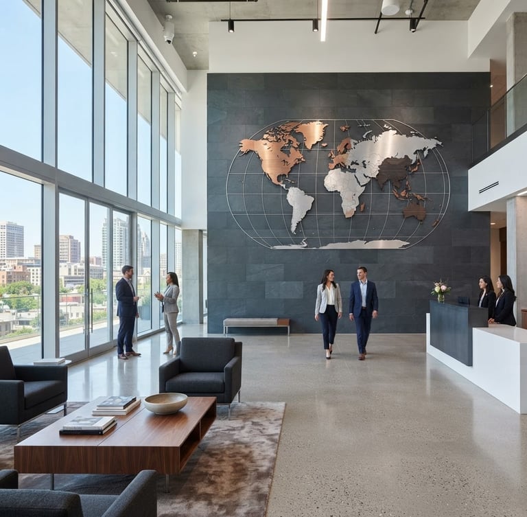 A professional corporate office lobby with bright natural daylight, clean architectural lines, and a large global map on a slate wall