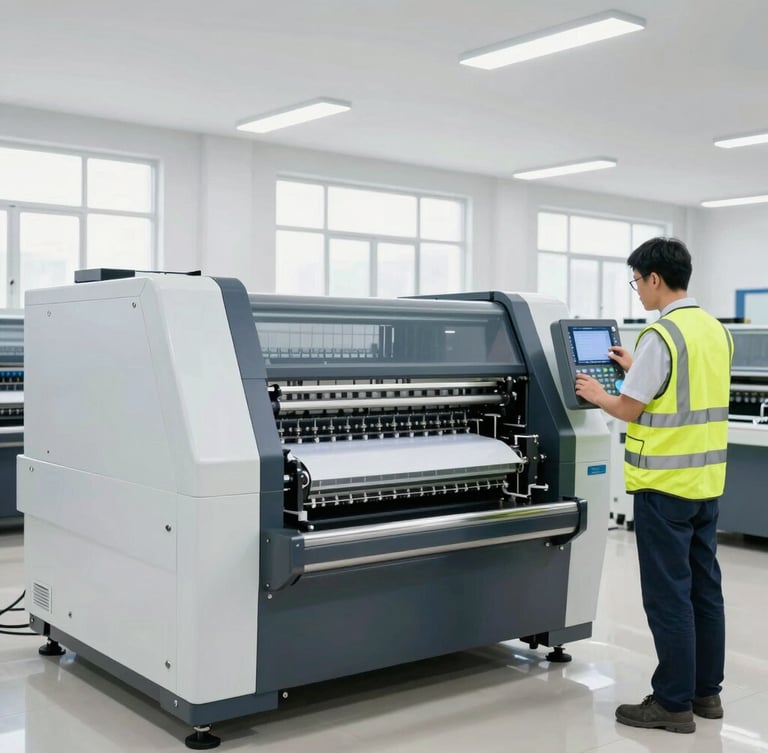 Wide environmental shot of a modern industrial printing and packaging machine, a technician in a high-visibility vest calibrating the control panel, bright workspace lighting.