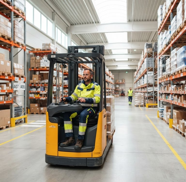 A professional forklift operator in a high-vis jacket navigating a brightly lit, modern European warehouse corridor, sharp focus, natural daylight, 35mm lens.