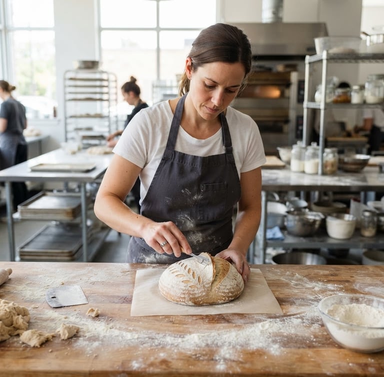 A professional baker in a clean, bright, sunlit commercial kitchen, scoring a rustic sourdough loaf on a flour-dusted wooden table, sharp focus, realistic colors