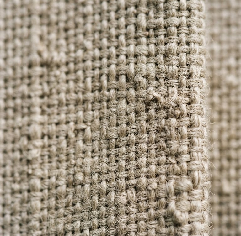Extreme macro close-up of unbleached heavy linen weave kissing the right edge, soft north-facing morning light, tactile shadows, 35mm film look.