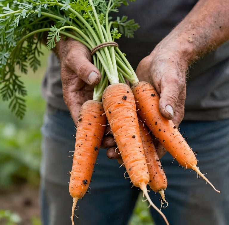 Close-up of a farmer's soil-stained hands holding freshly harvested heirloom carrots with vibrant green tops, natural side daylight.