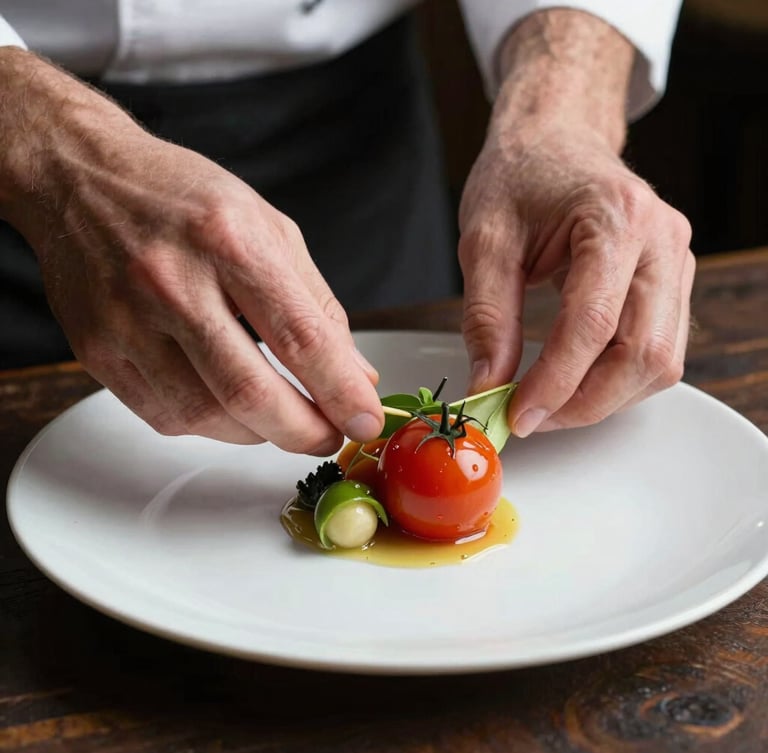 Close-up of a chef's hands plating a delicate heirloom tomato dish, natural side-lighting, dark rustic background