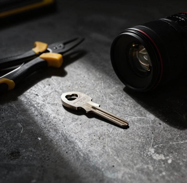 Dramatic close-up of physical design tools on a dark concrete desk, sharp key light, deep shadows