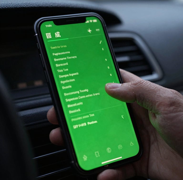 Macro close-up of a mobile device screen mounted on a dark vehicle dashboard, displaying clean green diagnostic telemetry lines, low-key moody lighting with the green screen glow reflecting on a hand