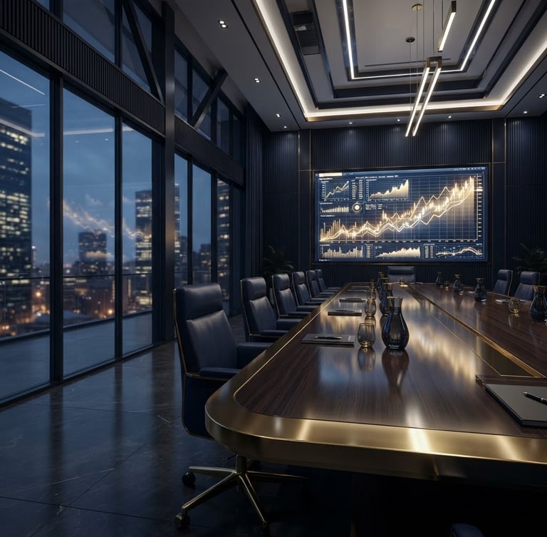 Amplia toma panorámica de una moderna sala de juntas corporativa con una pantalla grande mostrando gráficos de crecimiento, iluminación tenue y reflejos dorados en la mesa pulida, con un enfoque en el centro de la mesa y espacio negativo a la izquierda.