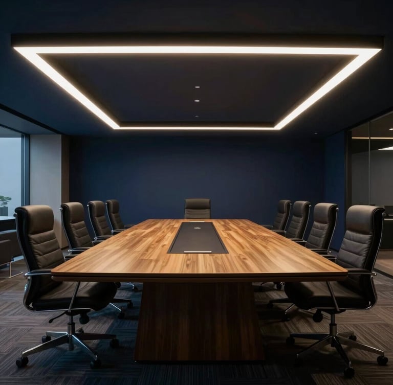 High-end corporate boardroom, low-key corporate lighting, sharp high-contrast shadows, wide-angle architectural shot, cinematic 35mm