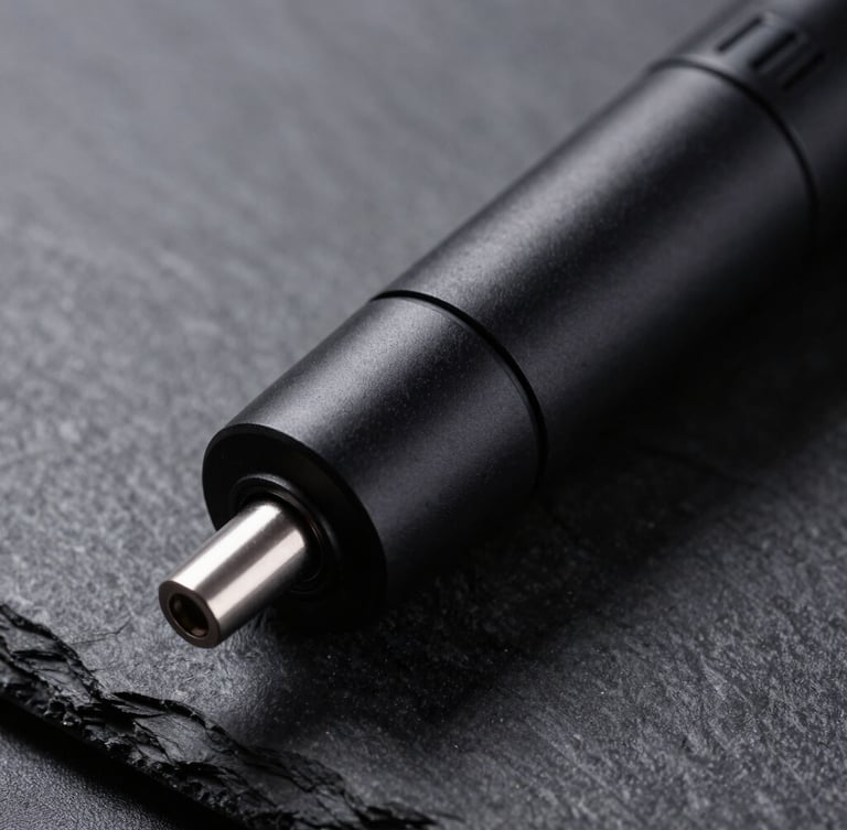 Extreme macro close-up of a sleek, matte-black biomarker collection device resting on a dark slate surface, high-contrast laboratory lighting with sharp shadows