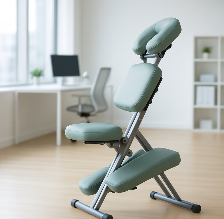Bright modern office workspace with natural daylight streaming through large windows. A professional ergonomic massage chair is positioned in the foreground, with soft sage green accents. In the background, a clean minimalist office environment with a shallow depth of field.