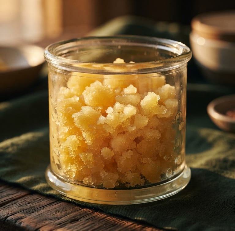 Macro shot of golden granular ghee texture in an elegant glass jar, warm side-lit golden hour sunlight, shallow depth of field, 35mm