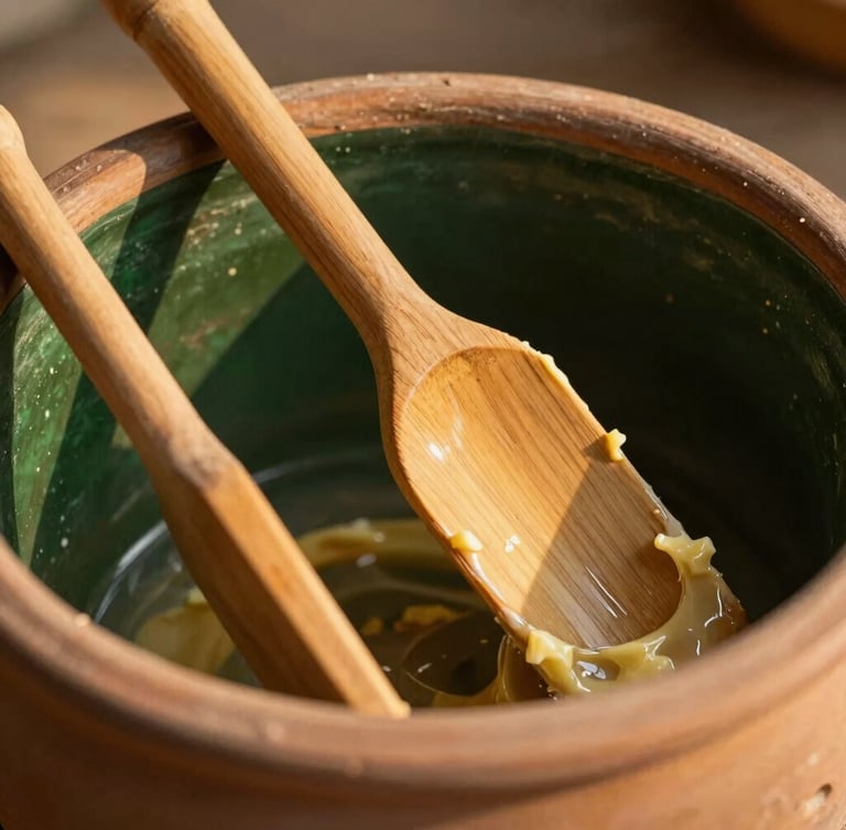Close-up of traditional wooden Bilona churn paddles in a rustic clay pot, warm side-lit golden hour sunlight, highlighting wood grain and butter texture, shallow depth of field