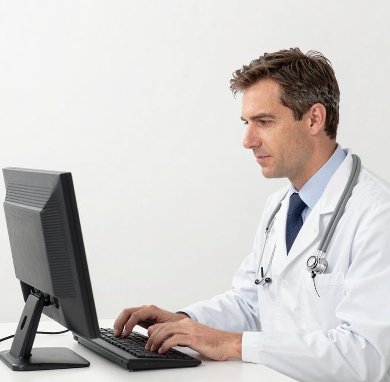 Clean medical editorial photography, soft natural daylight, clinical blue and white tones, shallow depth of field, professional, an organized doctor office with a desk and medical certificates on the wall