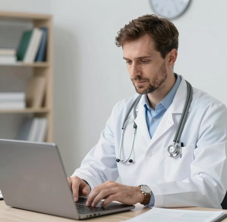 Symmetrical medium shot of a modern, bright medical office, soft natural daylight filtering through large windows, clean clinical blue and ivory tones, shallow depth of field, professional.