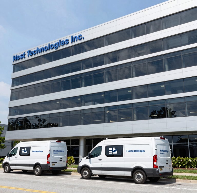 Wide shot of Host Technologies Inc. headquarters building in Falls Church, VA, clean cool-toned daylight, sharp technical details, deep slate and silver tones, 50mm lens. Branded service vehicles parked outside.