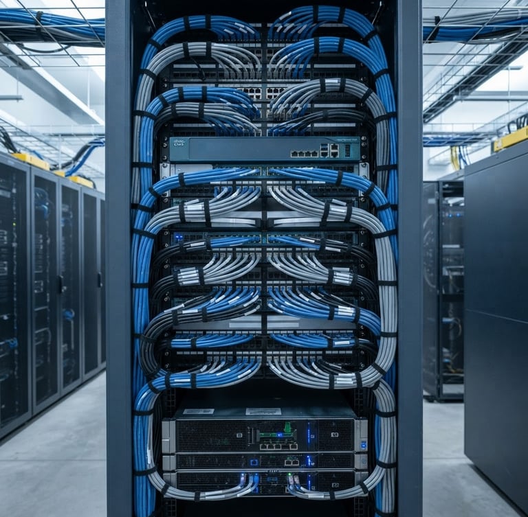 Crisp, cool-toned daylight, sharp medium-to-close-up shot of immaculately organized structured cabling in a server rack, deep slate and silver tones, 50mm lens, no text.