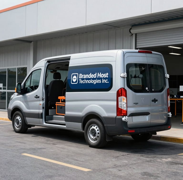 Branded Host Technologies Inc. service van with safety-orange accents, parked at a commercial building entrance, tools visible in the open back, crisp cool daylight, 50mm lens.