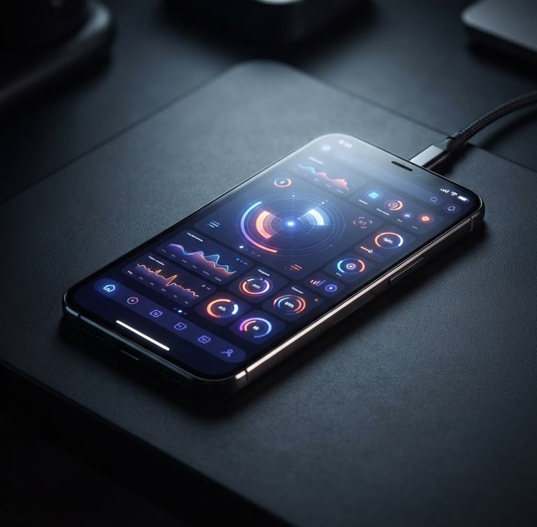 sleek digital product photography, moody low-key studio lighting, vibrant screen-glow highlights, crisp isometric angle showing a high-fidelity dark-mode Android utility app mockup on a modern smartphone screen, 50mm