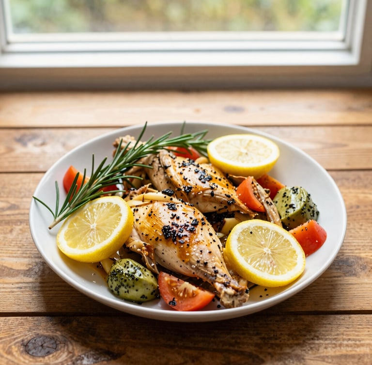 Overhead flat-lay of a vibrant, freshly prepared low-sodium mediterranean chicken dish with rosemary and lemon slices, warm natural window light, rustic wooden table background