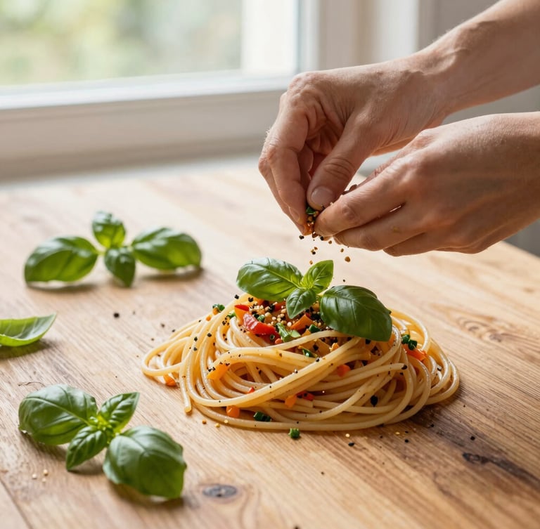 Overhead flat-lay of a rustic wooden table with vibrant, freshly prepared low-sodium pasta, hands seasoning with fresh basil, warm natural window daylight, vibrant organic colors, shallow depth of field, 35mm