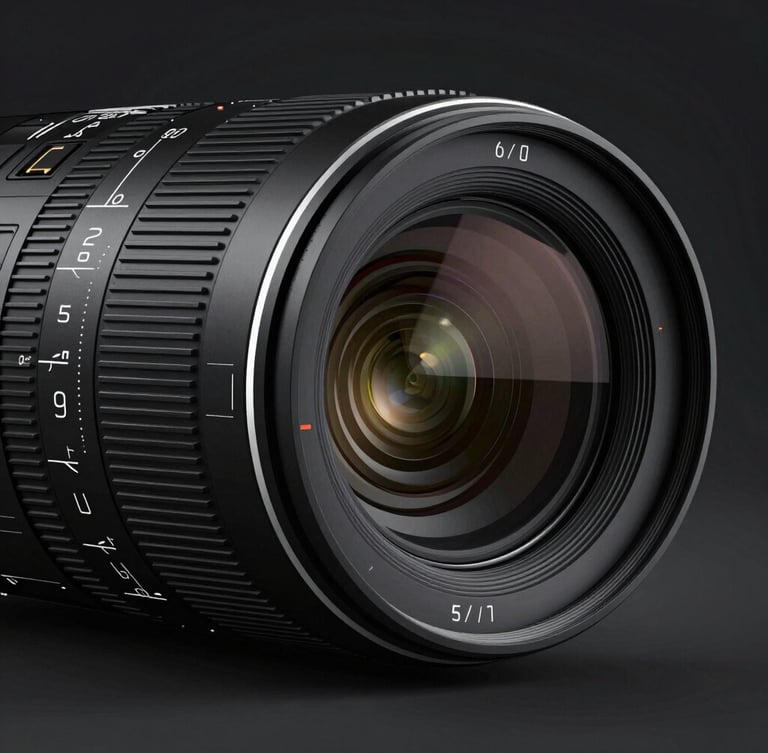 Sleek commercial vector illustration of a futuristic camera lens, dramatic high-contrast lighting, deep shadows, sharp focus, technical blueprint accents, 3D vector style, 35mm