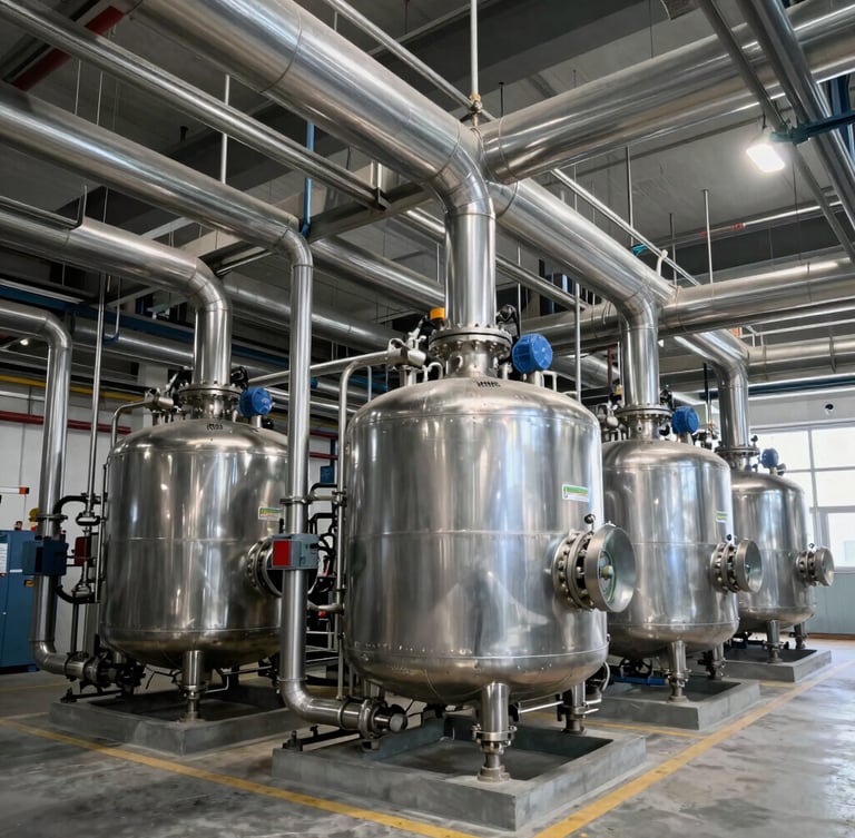 Wide environmental shot of a massive industrial refrigeration plant room with stainless steel pipes and pressure vessels, realistic ambient lighting, 35mm