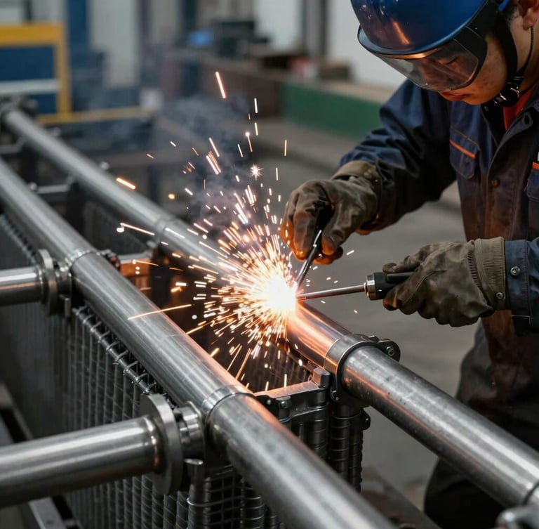 Close-up of a certified welder joining stainless steel tubes of a refrigeration coil, bright orange sparks flying against dark steel, high-contrast industrial factory setting.