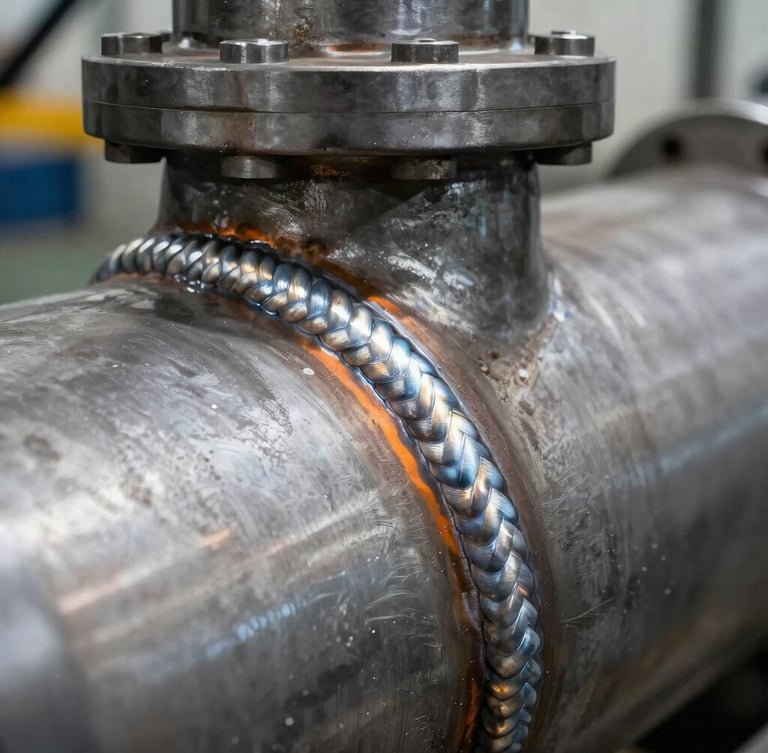 Macro close-up of a perfect, clean industrial weld seam on a steel pressure vessel, safety orange metallic highlights, natural factory ambient light, sharp metallic details, 35mm