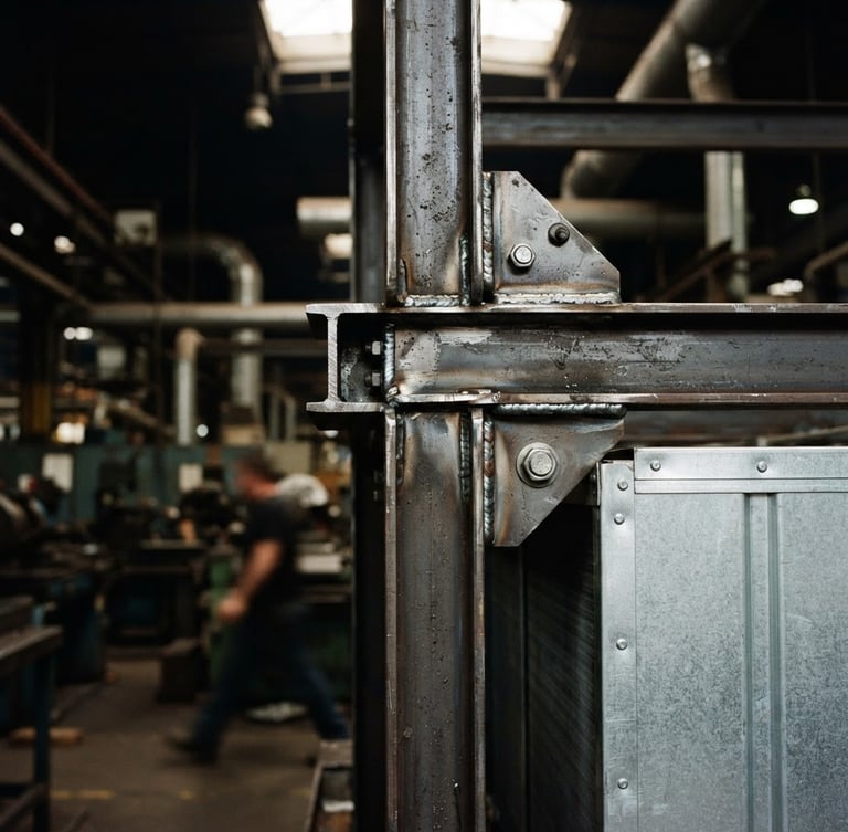 Industrial machinery photography, close-up of heavy-duty evaporative condenser steel frame with clean welds, natural factory ambient light, sharp metallic details, 35mm