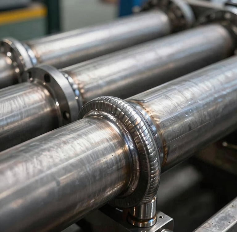 Macro close-up of industrial stainless steel tube bundles inside a condenser, flawless precision welds, high-contrast metallic details, 35mm