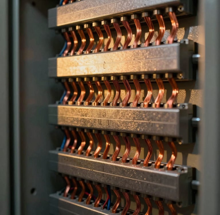 High-contrast interior shot of a perfectly organized electrical panel, clean parallel copper wiring combed with mathematical precision, warm golden light casting long shadows on dark metallic surfaces, architectural macro framing.