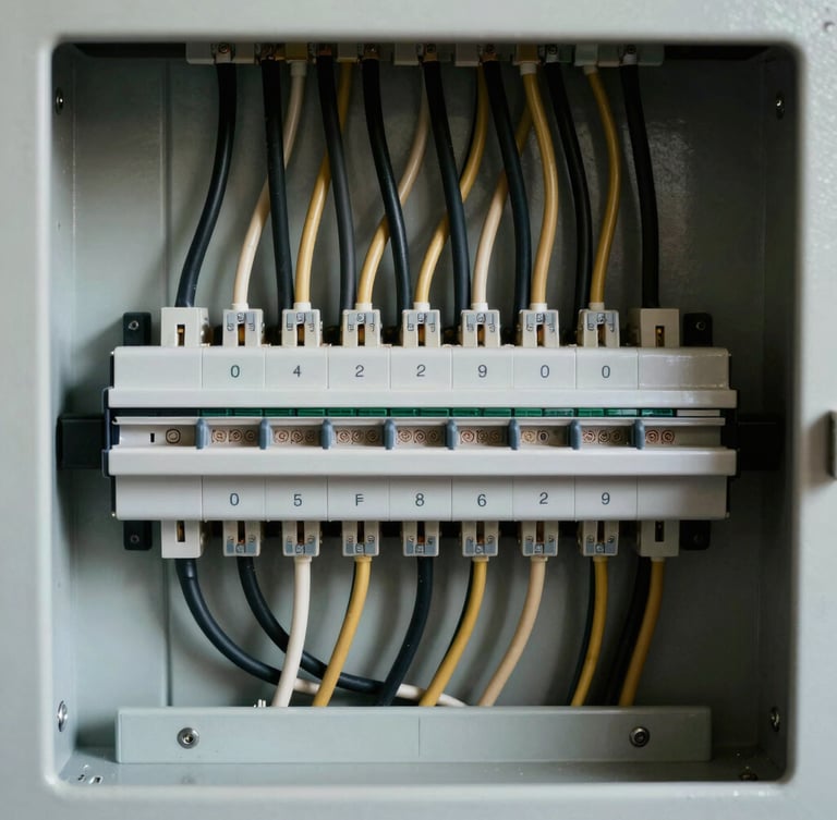 Close-up of a perfectly organized residential electrical panel, neat parallel black and gold labeled wires combed with mathematical precision, clean matte background.