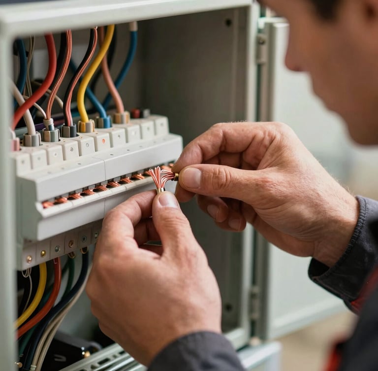 Macro close-up portrait of a professional electrician's hands in dark workwear, meticulously organizing copper wires inside a modern electrical panel, sharp focus, warm golden side lighting