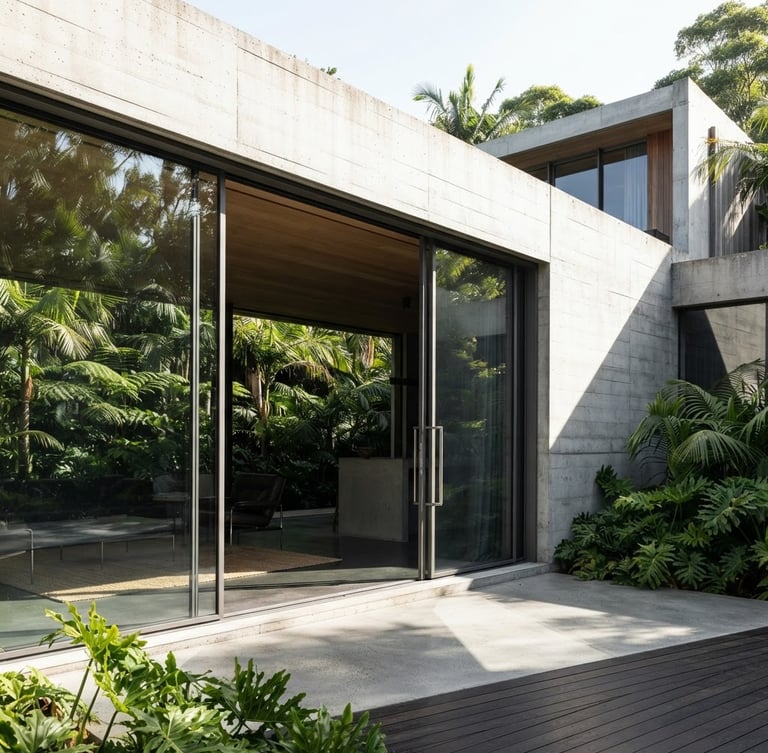 Wide panoramic architectural photograph of a modern concrete home with a large-span minimalist sliding glass door, sharp natural light casting architectural shadows, deep charcoal and metallic silver tones, high-contrast, minimalist composition, 35mm lens, raw aluminum profile close-up, installed in a tropical climate setting