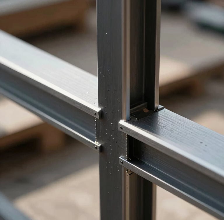 Close-up macro shot of a clean, sharp miter joint of a dark aluminum frame, wet from rain, casting architectural shadows under high-contrast natural light, workshop background blurred, 35mm lens.