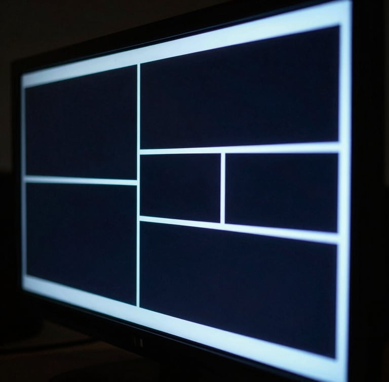 Cinematic high-contrast close-up of a professional television broadcast monitor glowing with cool blue backlights in a dark studio setting, 35mm film style.