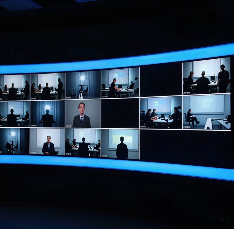 Cinematic wide shot of a professional broadcast studio monitor displaying a high-definition video stream, low-key lighting with cool blue backlights, 35mm film style