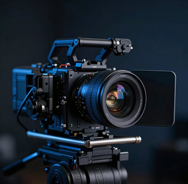 Close-up of a professional camera rig in a dimly lit studio, cool blue backlighting reflecting on the lens, cinematic depth of field, 35mm film