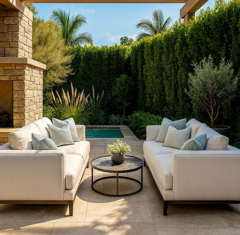 outdoor patio featuring custom white sofas by Solo Home Decor.