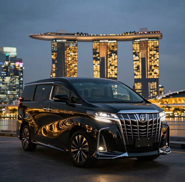 Low-angle heroic shot of a gleaming black Toyota Alphard Modelista parked against the Singapore skyline and Marina Bay Sands at dramatic twilight, golden reflections on polished body, 35mm lens