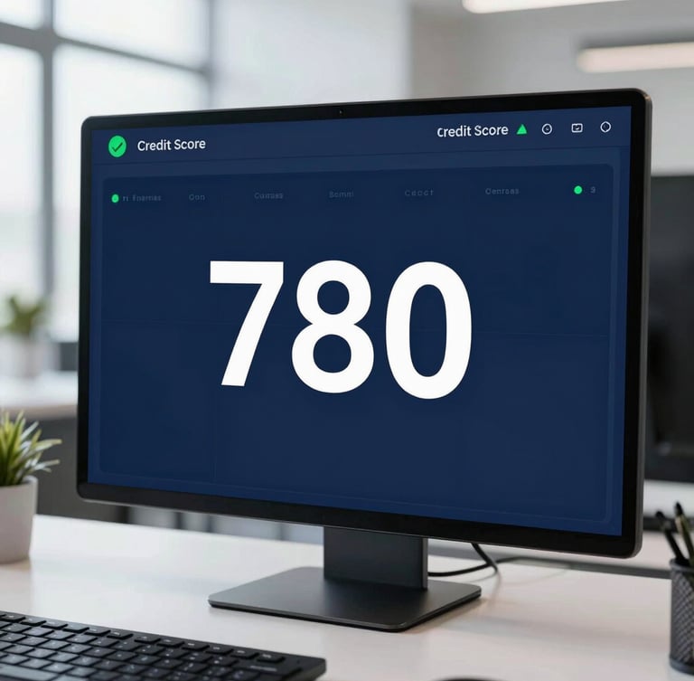 Sharp straight-on close-up of a high-fidelity digital credit score dashboard showing a 780 score, clean corporate desk setup, deep blue and emerald accents, bright office daylight, 35mm