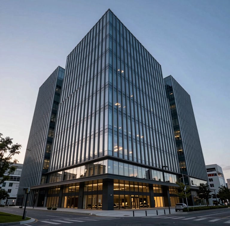 Wide-angle architectural shot of a secure modern corporate headquarters at dusk, crisp dramatic lighting, reflecting high-end security design.